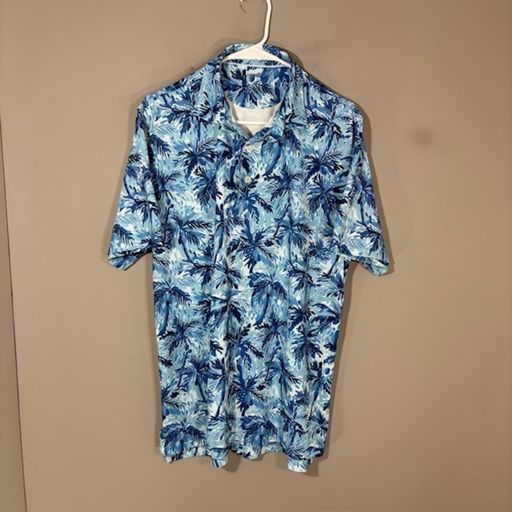 Johnnie-O Polo Shirt Mens L Blue Tropical Palm Floral Print Golf Stretch Top